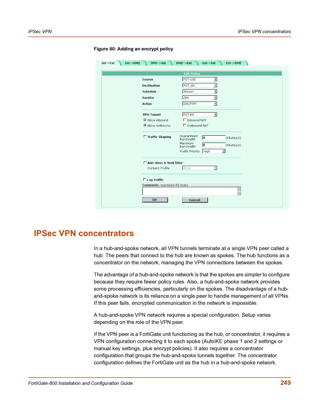 Fortinet FortiGate-800 manual IPSec VPN concentrators, 249 