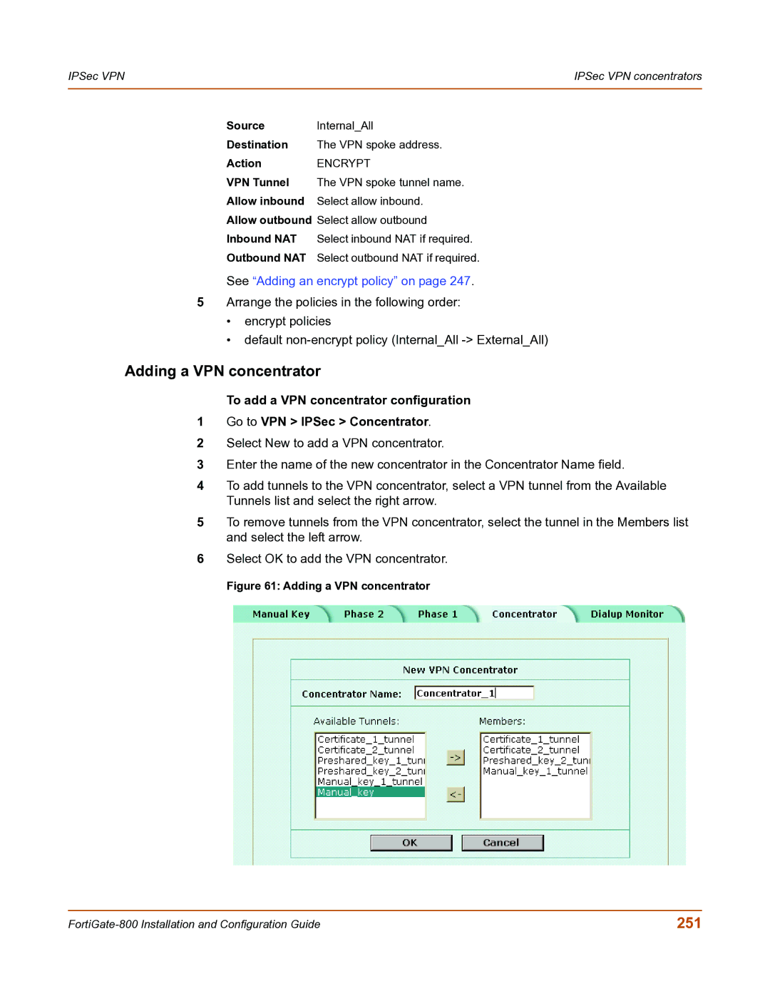 Fortinet FortiGate-800 manual Adding a VPN concentrator, 251 