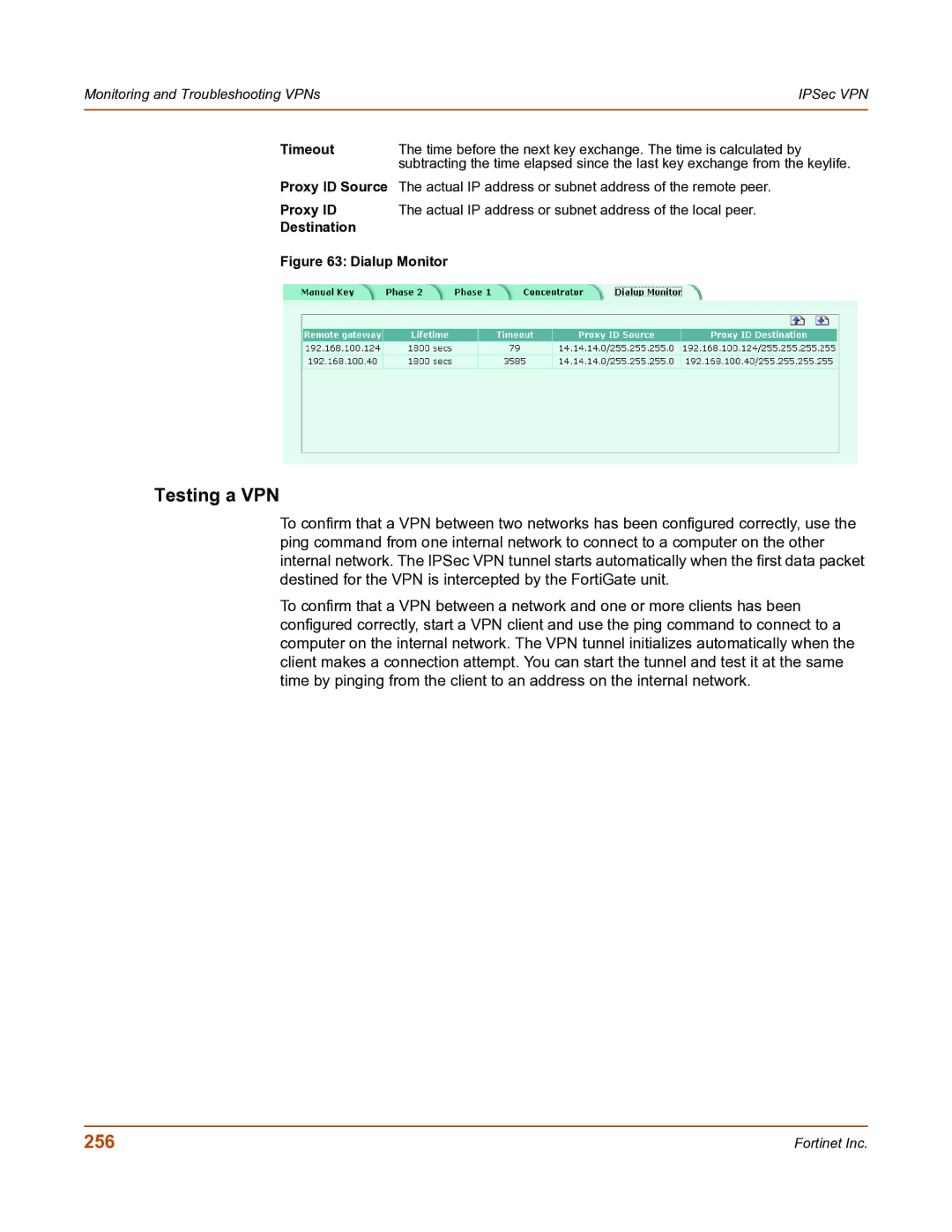 Fortinet FortiGate-800 manual Testing a VPN, 256 