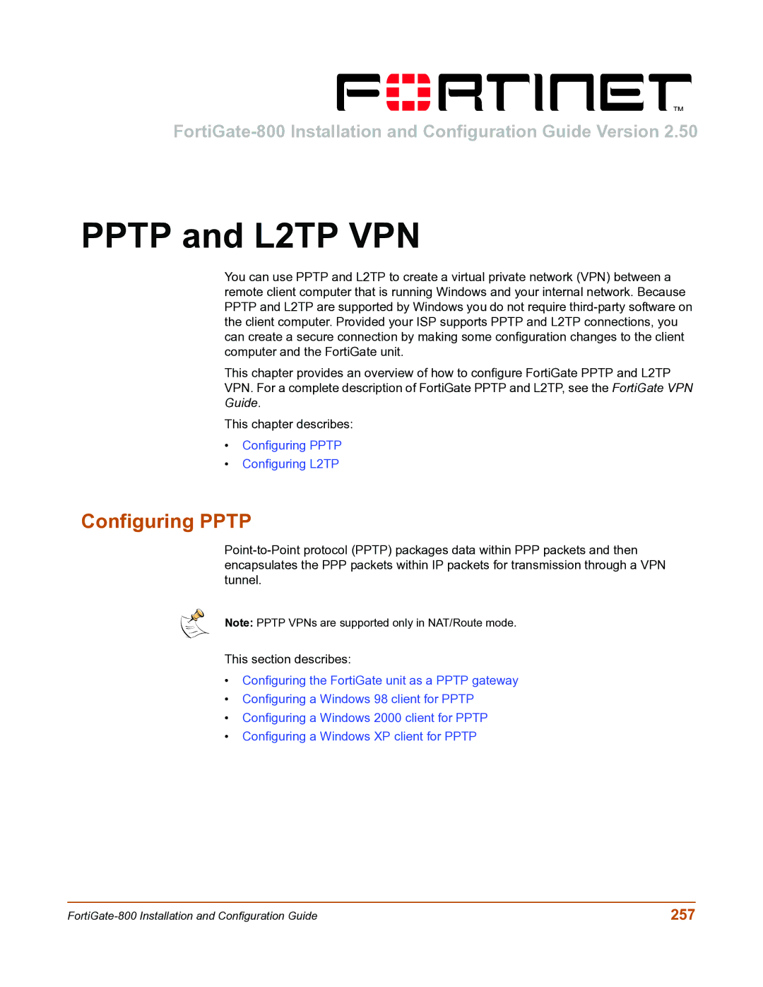 Fortinet FortiGate-800 manual Pptp and L2TP VPN, Configuring Pptp, 257 