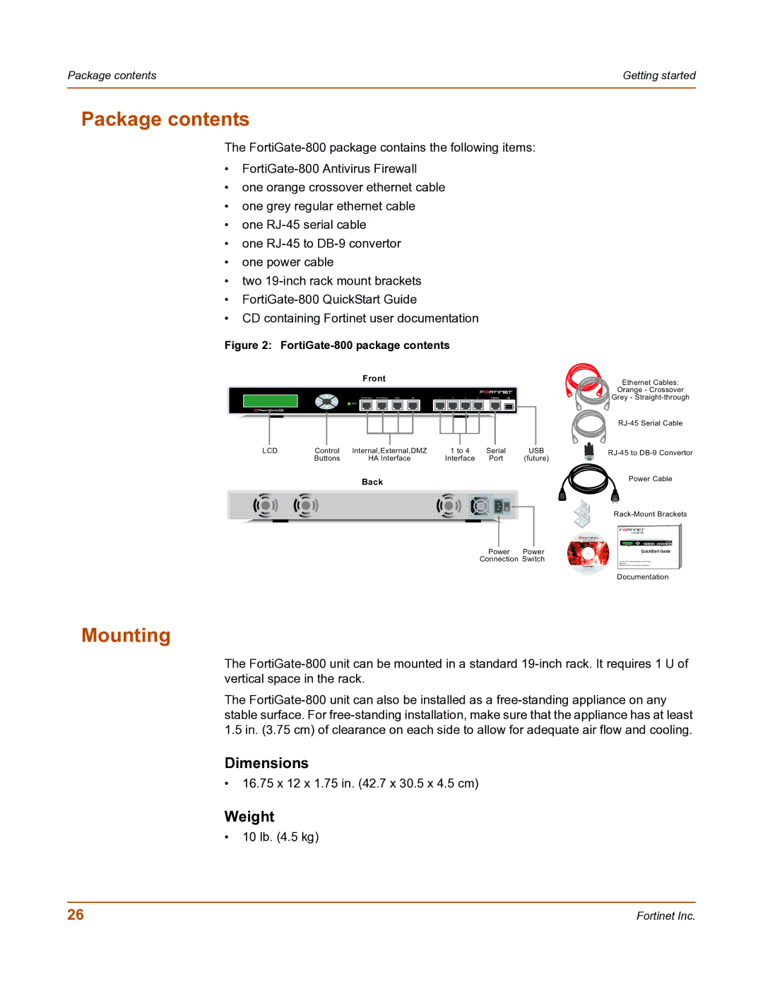 Fortinet FortiGate-800 manual Package contents, Mounting 