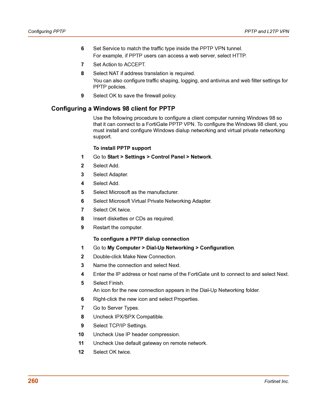 Fortinet FortiGate-800 manual Configuring a Windows 98 client for Pptp, 260 