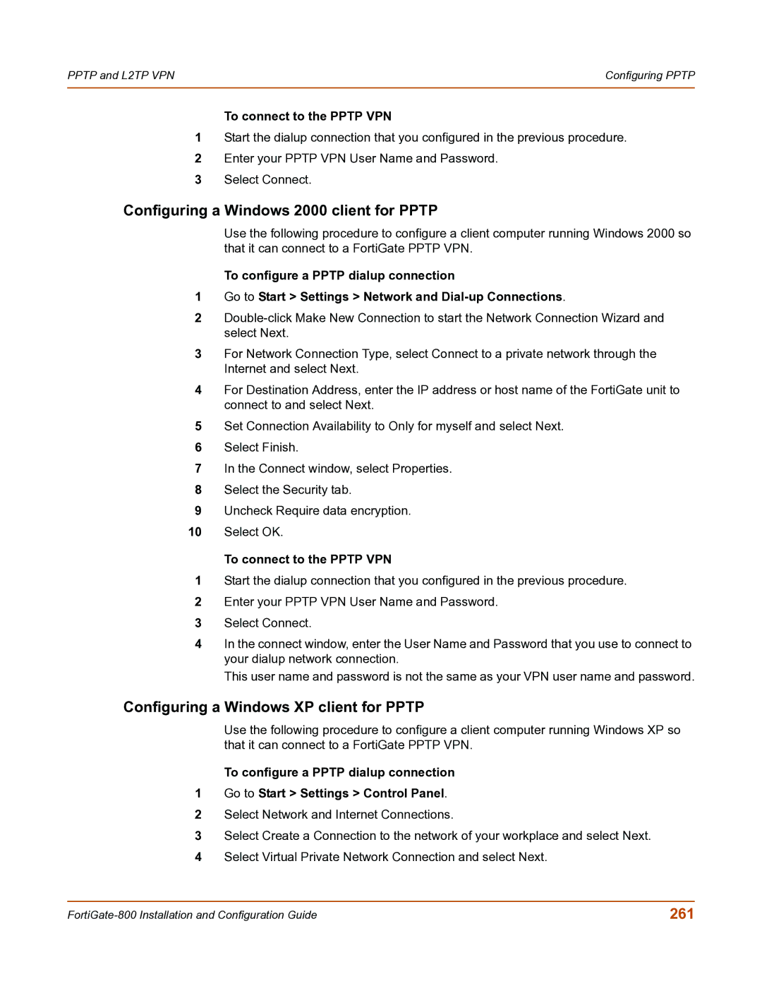 Fortinet FortiGate-800 manual Configuring a Windows 2000 client for Pptp, Configuring a Windows XP client for Pptp, 261 