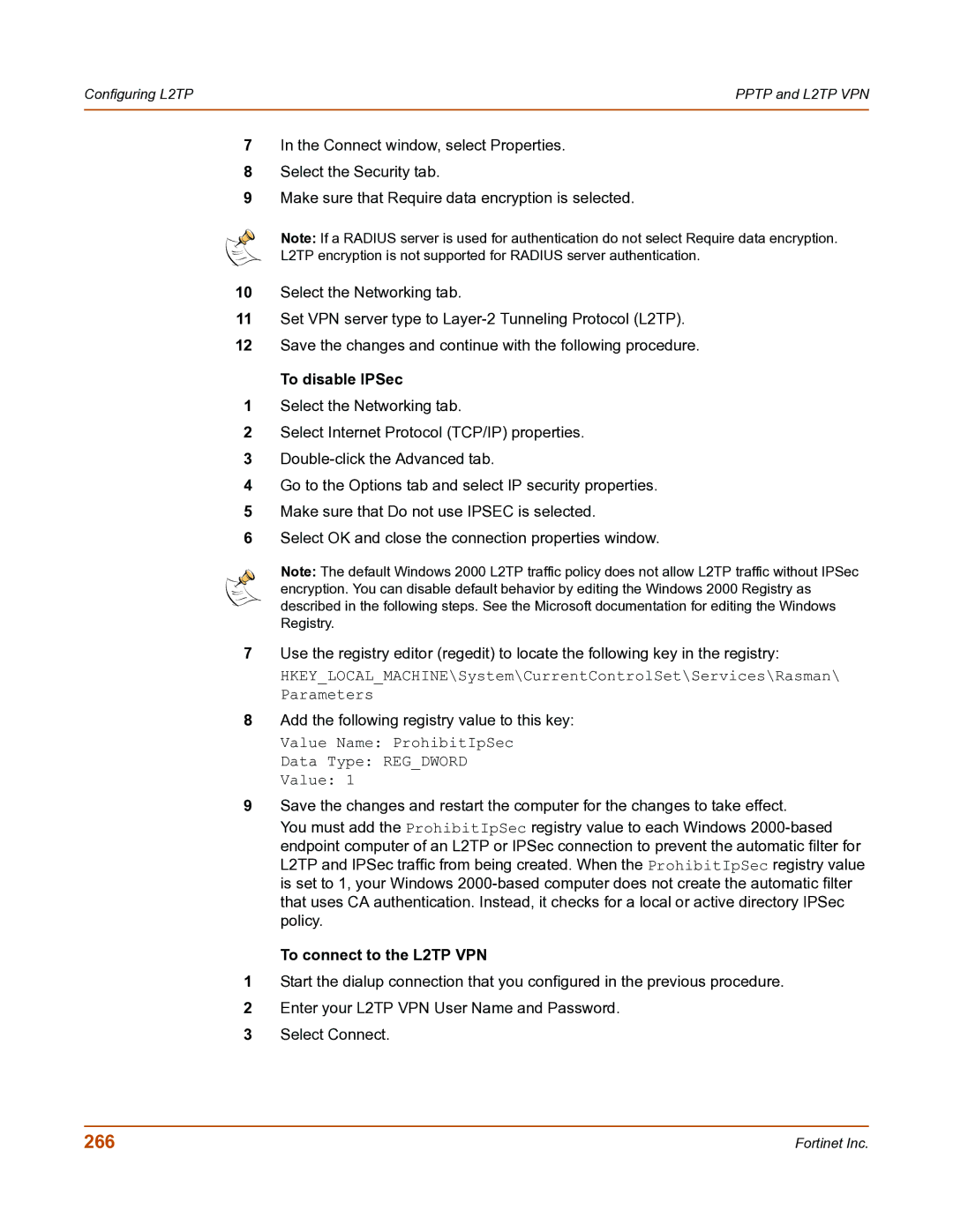 Fortinet FortiGate-800 manual 266, To disable IPSec, To connect to the L2TP VPN 