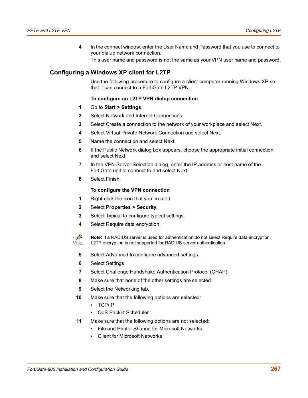 Fortinet FortiGate-800 manual Configuring a Windows XP client for L2TP, 267 