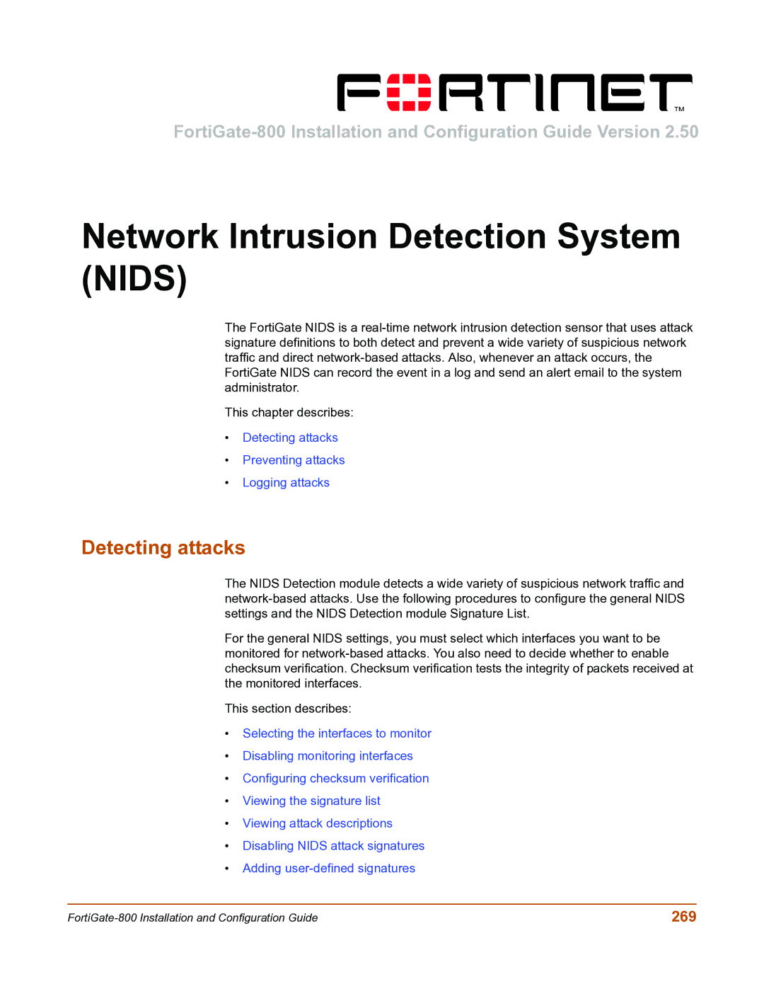 Fortinet FortiGate-800 manual Network Intrusion Detection System Nids, Detecting attacks, 269 