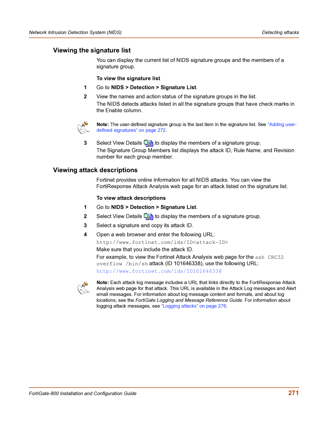 Fortinet FortiGate-800 manual Viewing the signature list, Viewing attack descriptions, 271 