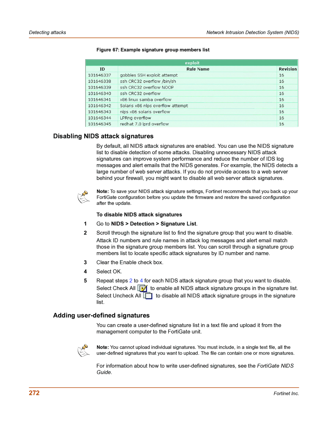 Fortinet FortiGate-800 manual Disabling Nids attack signatures, Adding user-defined signatures, 272 