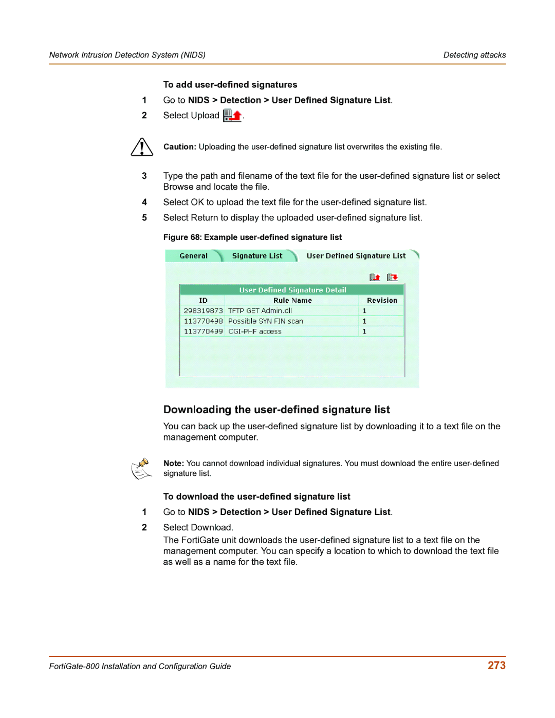 Fortinet FortiGate-800 manual Downloading the user-defined signature list, 273 