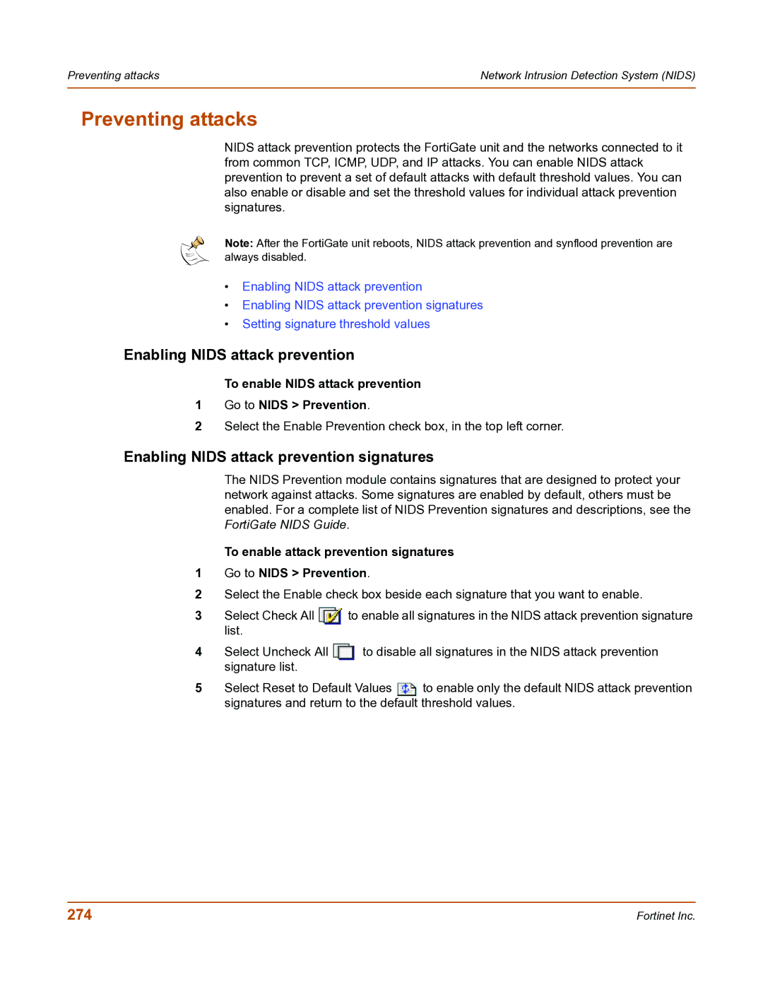 Fortinet FortiGate-800 manual Preventing attacks, Enabling Nids attack prevention signatures, 274 