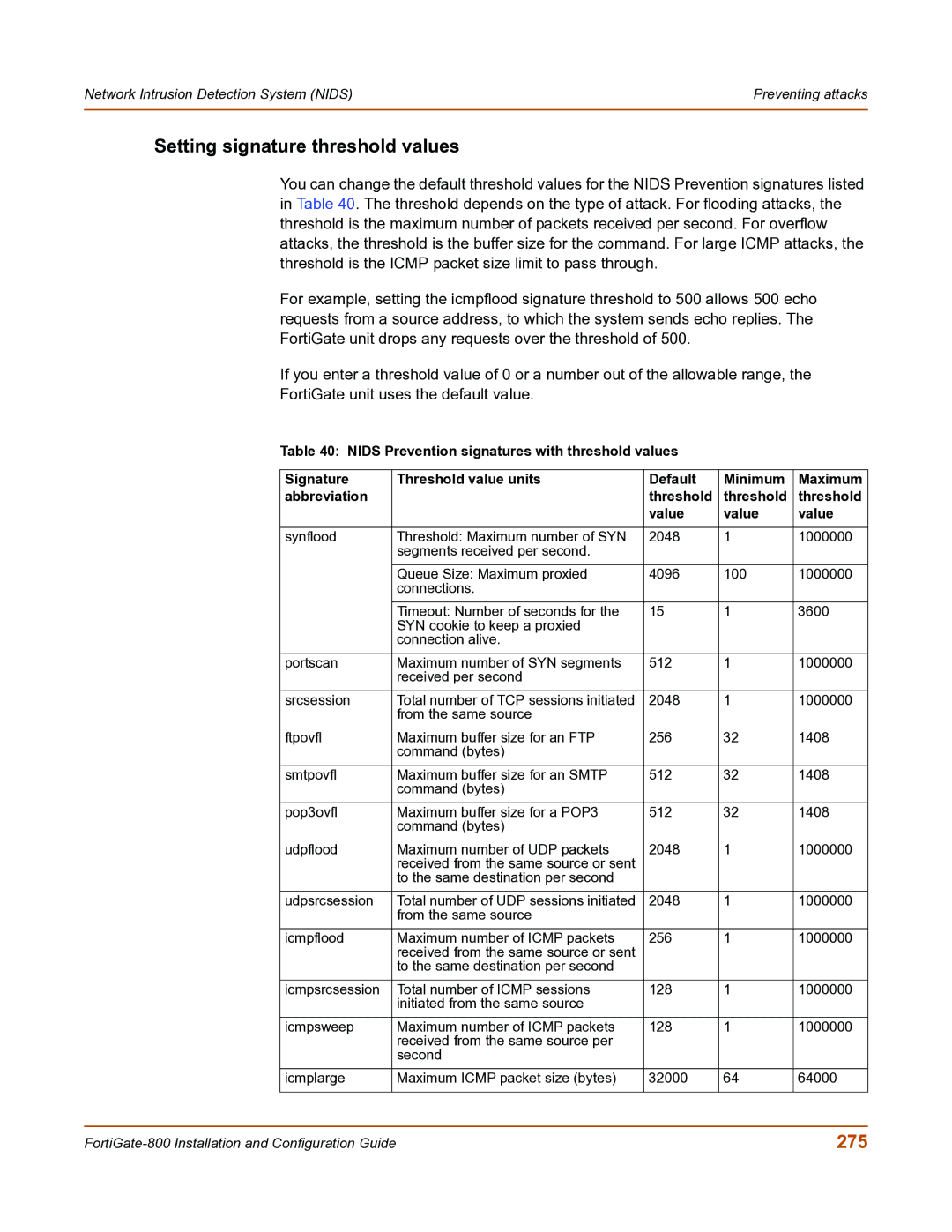 Fortinet FortiGate-800 manual Setting signature threshold values, 275 