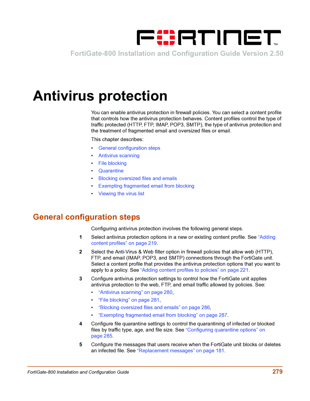 Fortinet FortiGate-800 manual Antivirus protection, General configuration steps, 279 