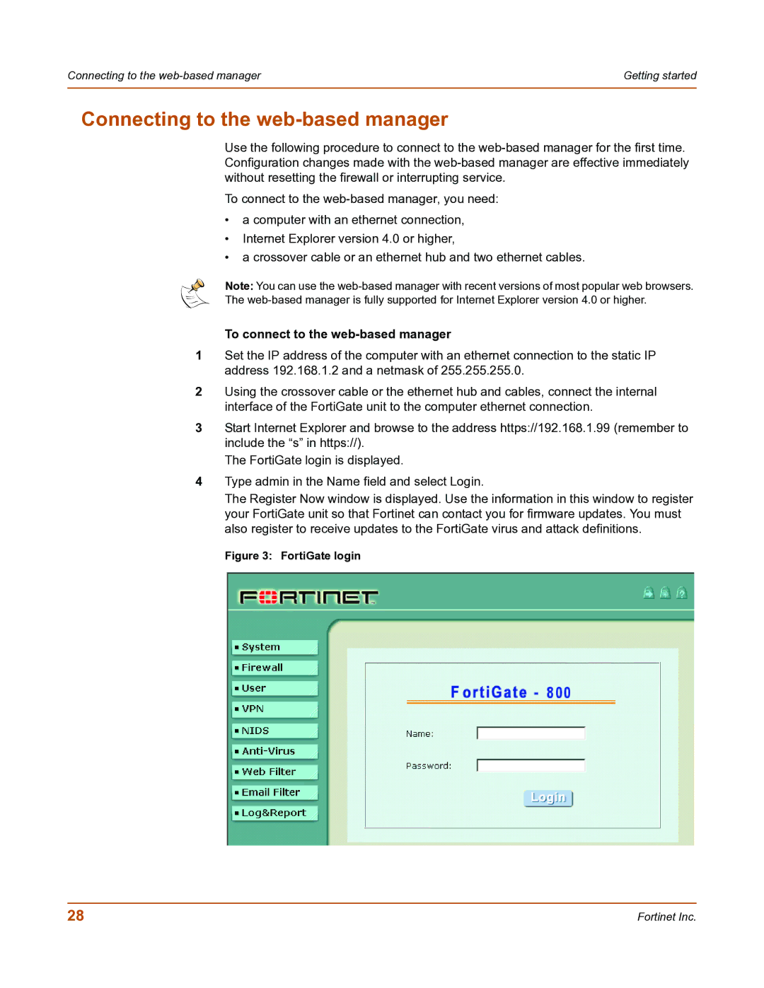 Fortinet FortiGate-800 manual Connecting to the web-based manager, To connect to the web-based manager 