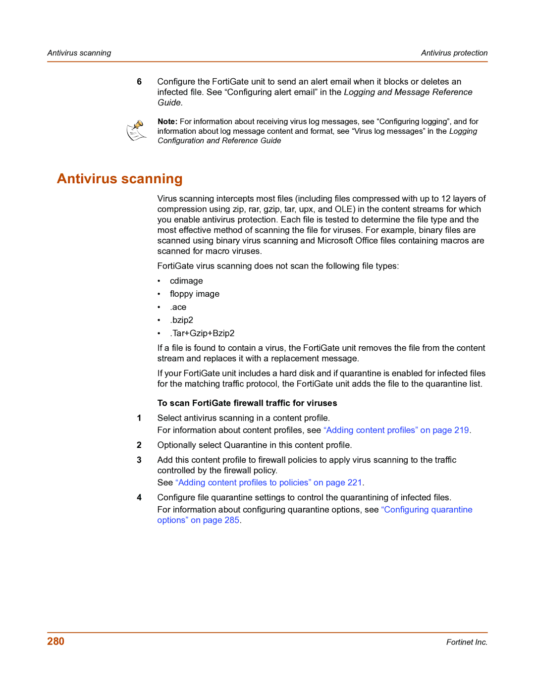 Fortinet FortiGate-800 manual Antivirus scanning, 280, To scan FortiGate firewall traffic for viruses 