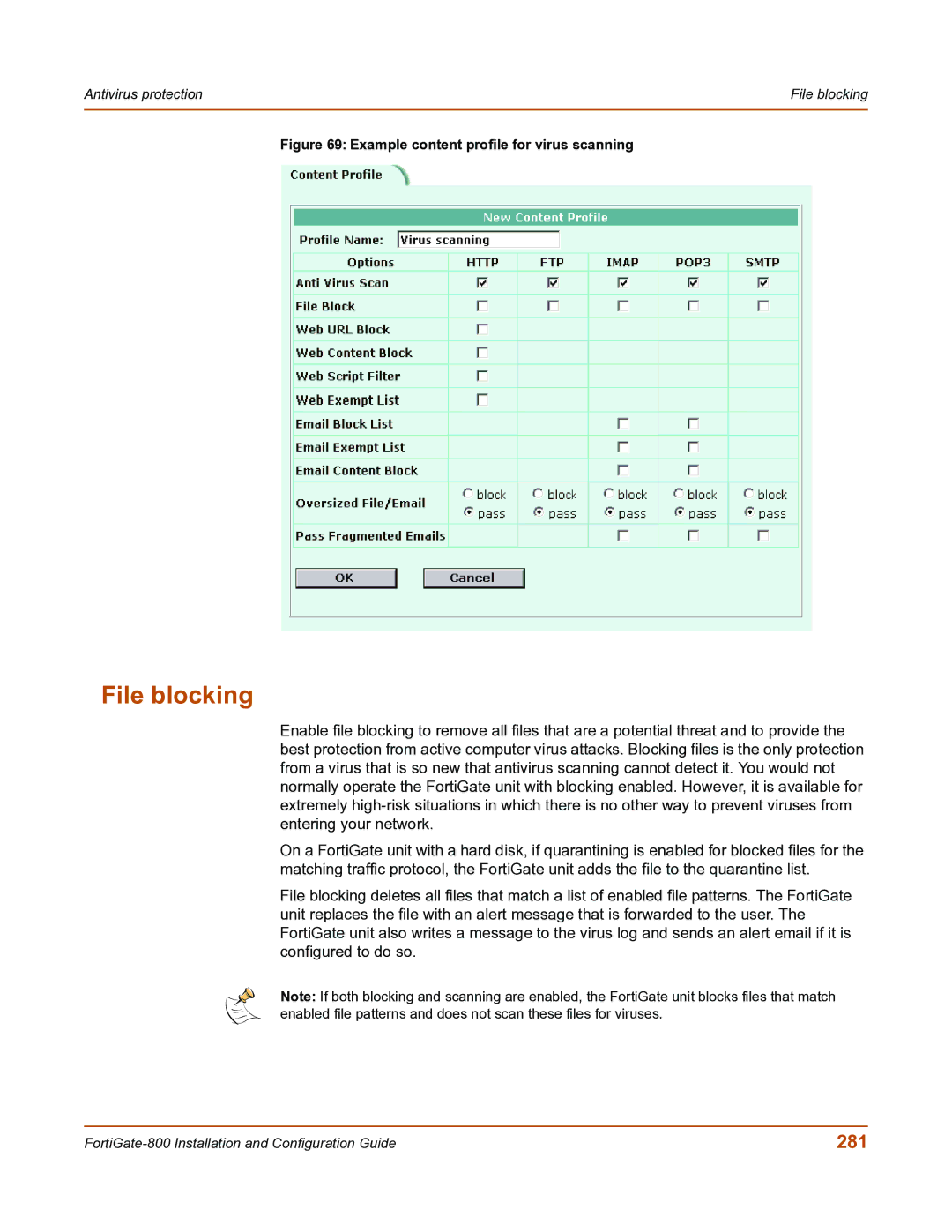 Fortinet FortiGate-800 manual File blocking, 281 