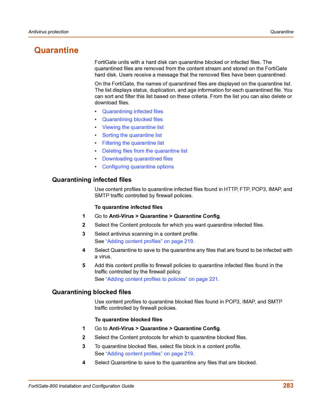 Fortinet FortiGate-800 manual Quarantine, Quarantining infected files, Quarantining blocked files, 283 