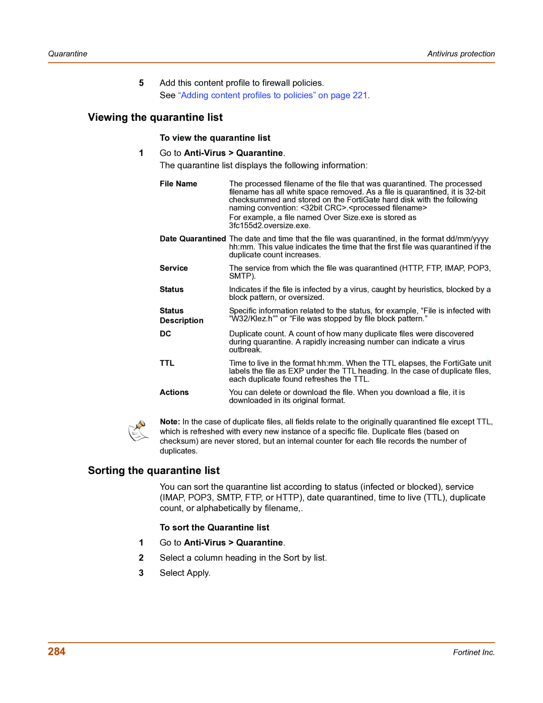 Fortinet FortiGate-800 manual Viewing the quarantine list, Sorting the quarantine list, 284 