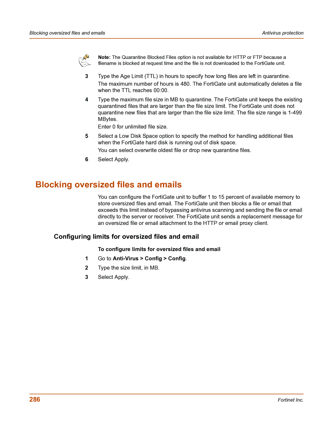 Fortinet FortiGate-800 manual Blocking oversized files and emails, Configuring limits for oversized files and email, 286 