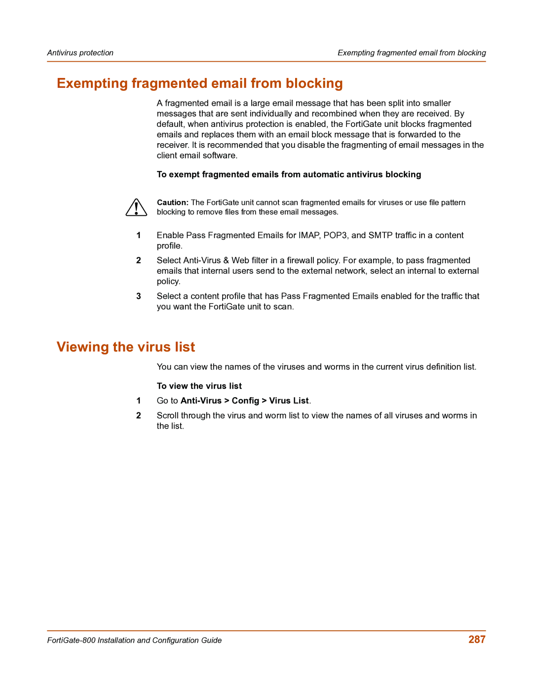 Fortinet FortiGate-800 manual Exempting fragmented email from blocking, Viewing the virus list, 287 