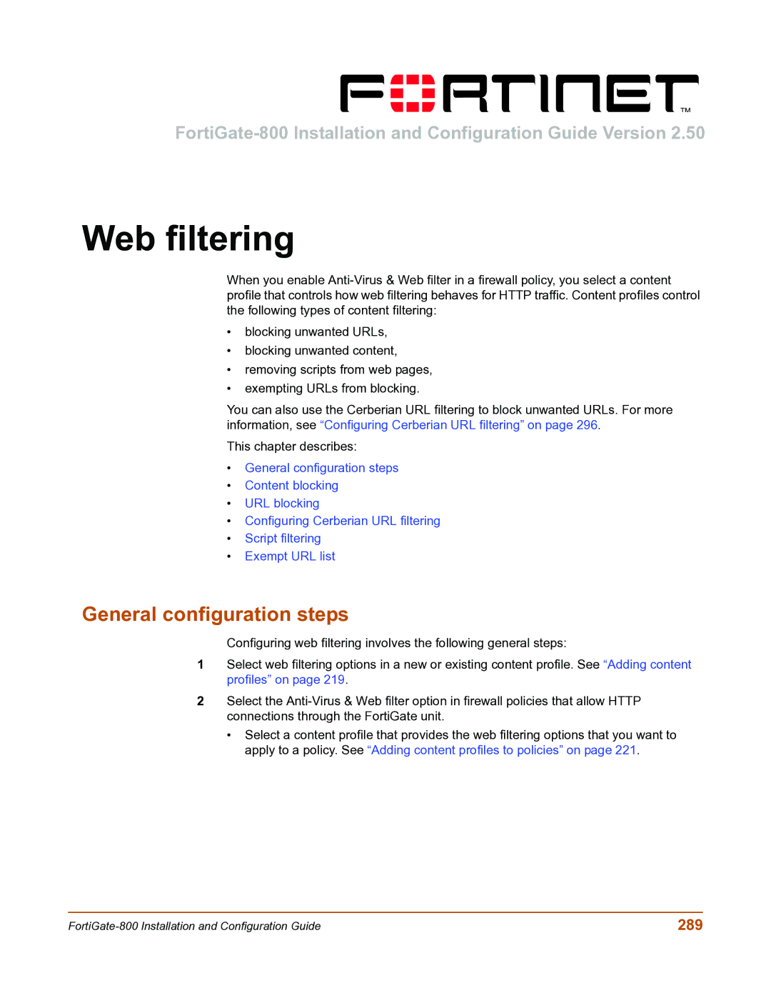 Fortinet FortiGate-800 manual Web filtering, 289 