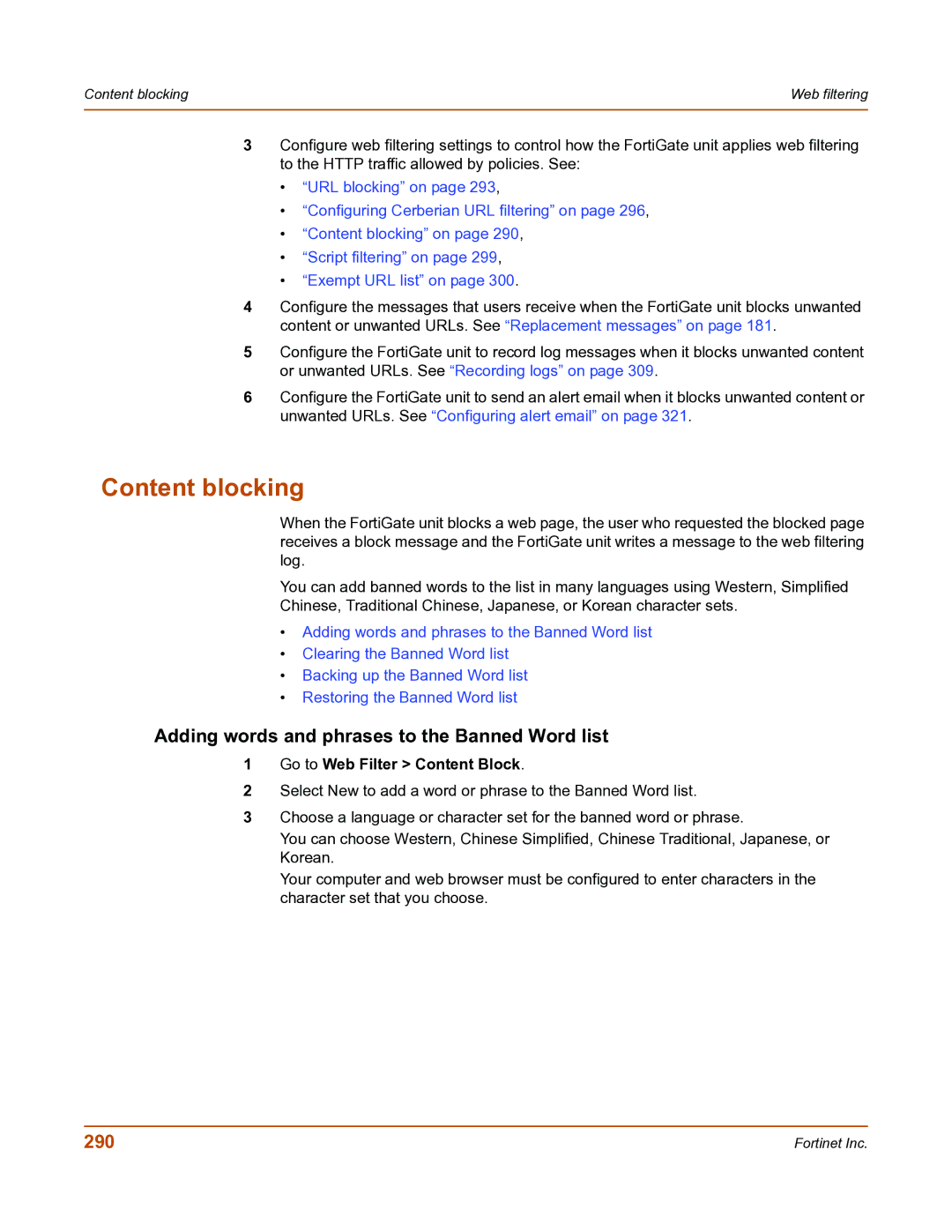 Fortinet FortiGate-800 manual Content blocking, Adding words and phrases to the Banned Word list, 290 