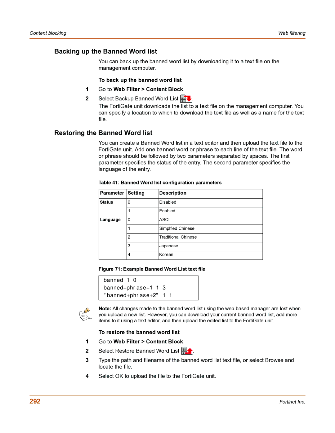 Fortinet FortiGate-800 manual Backing up the Banned Word list, Restoring the Banned Word list, 292 