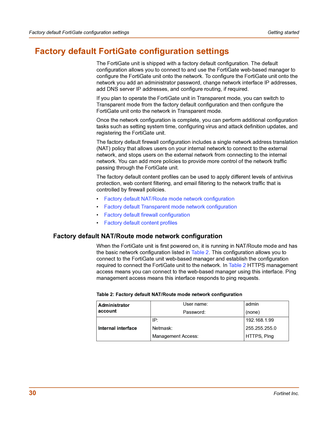 Fortinet FortiGate-800 manual Factory default FortiGate configuration settings, Account, Internal interface 