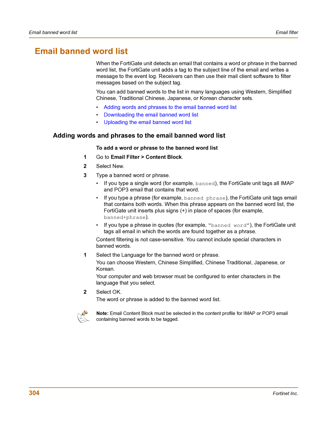 Fortinet FortiGate-800 manual Email banned word list, Adding words and phrases to the email banned word list, 304 