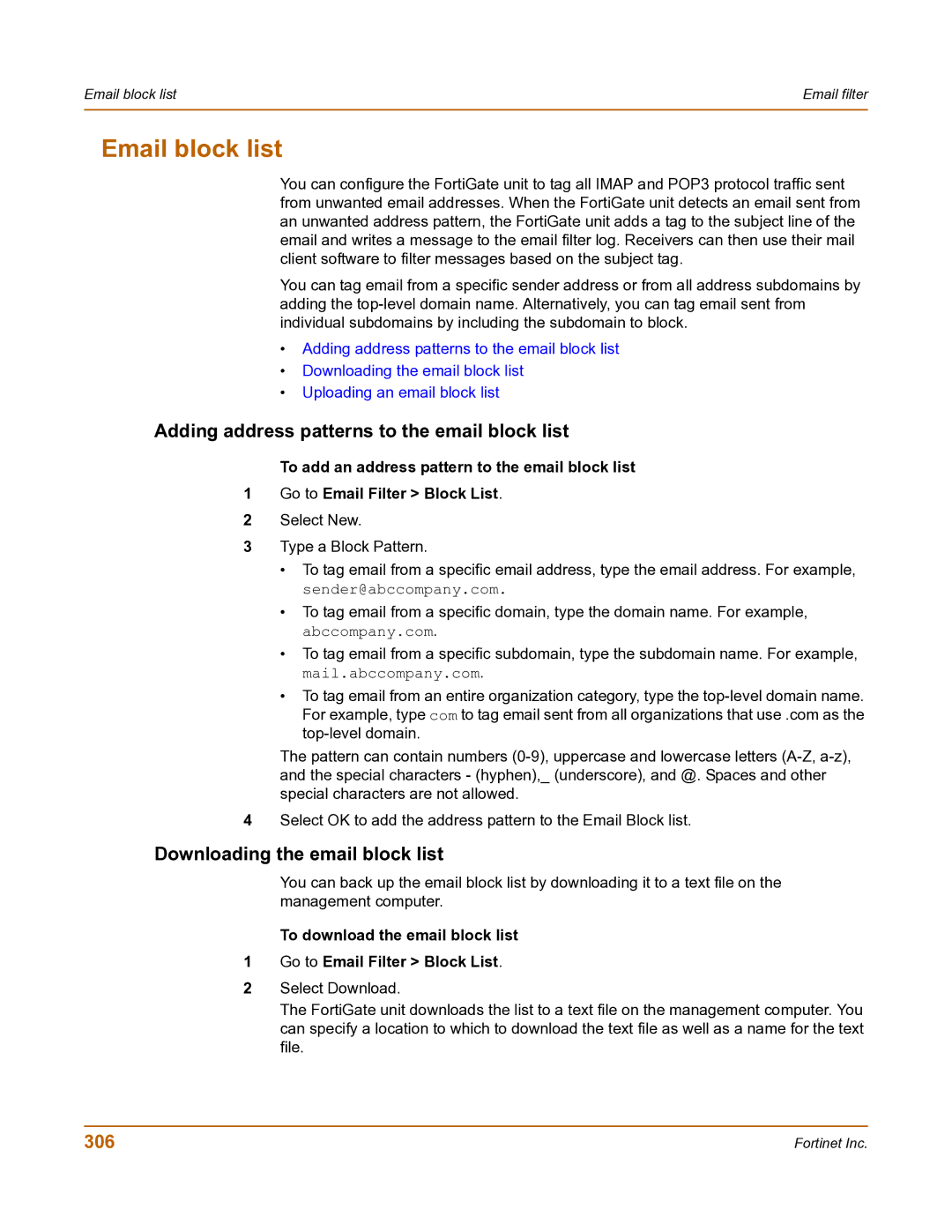 Fortinet FortiGate-800 Email block list, Adding address patterns to the email block list, Downloading the email block list 