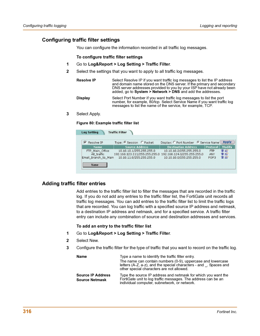 Fortinet FortiGate-800 manual Configuring traffic filter settings, Adding traffic filter entries, 316, Resolve IP, Display 