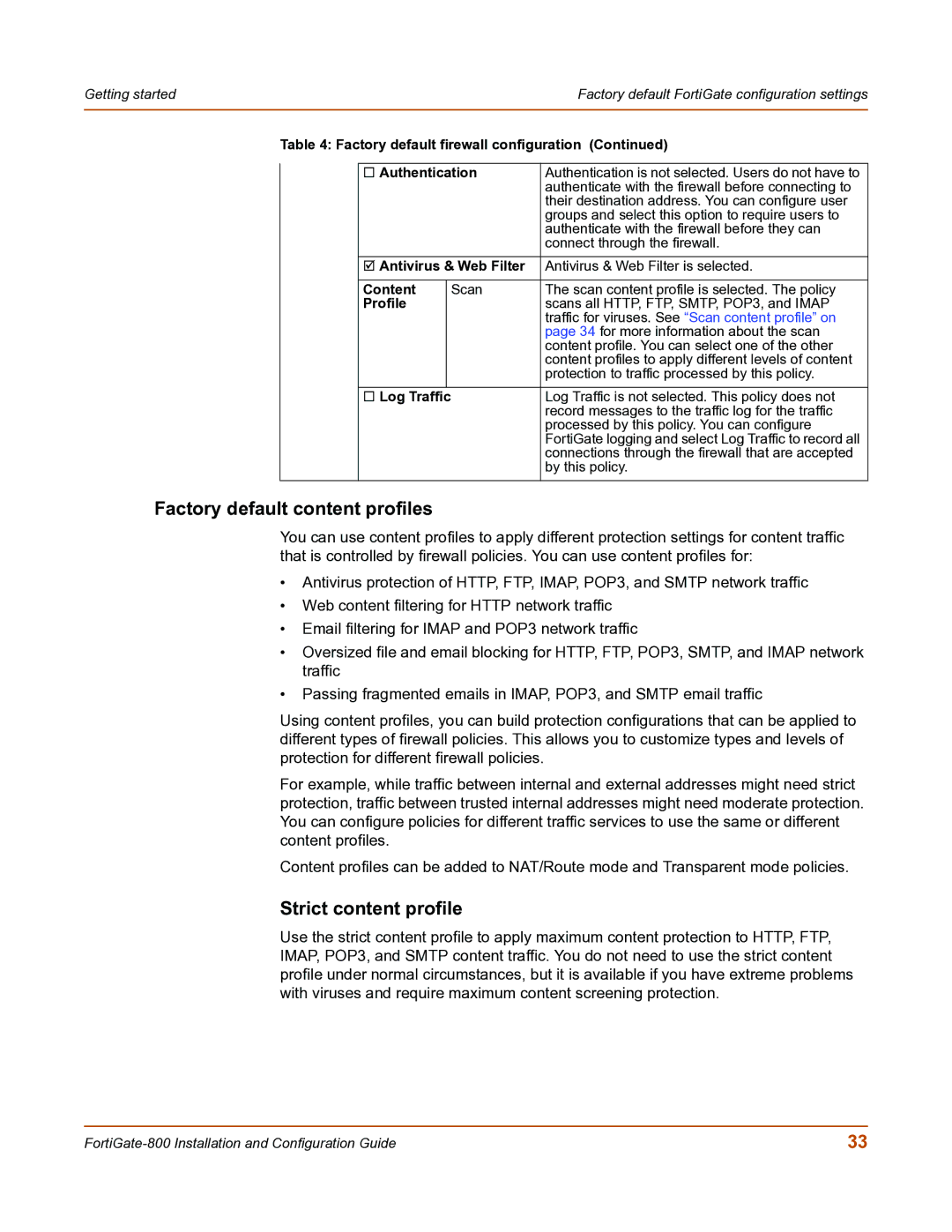 Fortinet FortiGate-800 manual Factory default content profiles, Strict content profile 