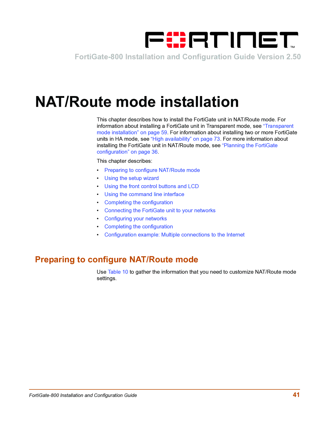 Fortinet FortiGate-800 manual NAT/Route mode installation, Preparing to configure NAT/Route mode 