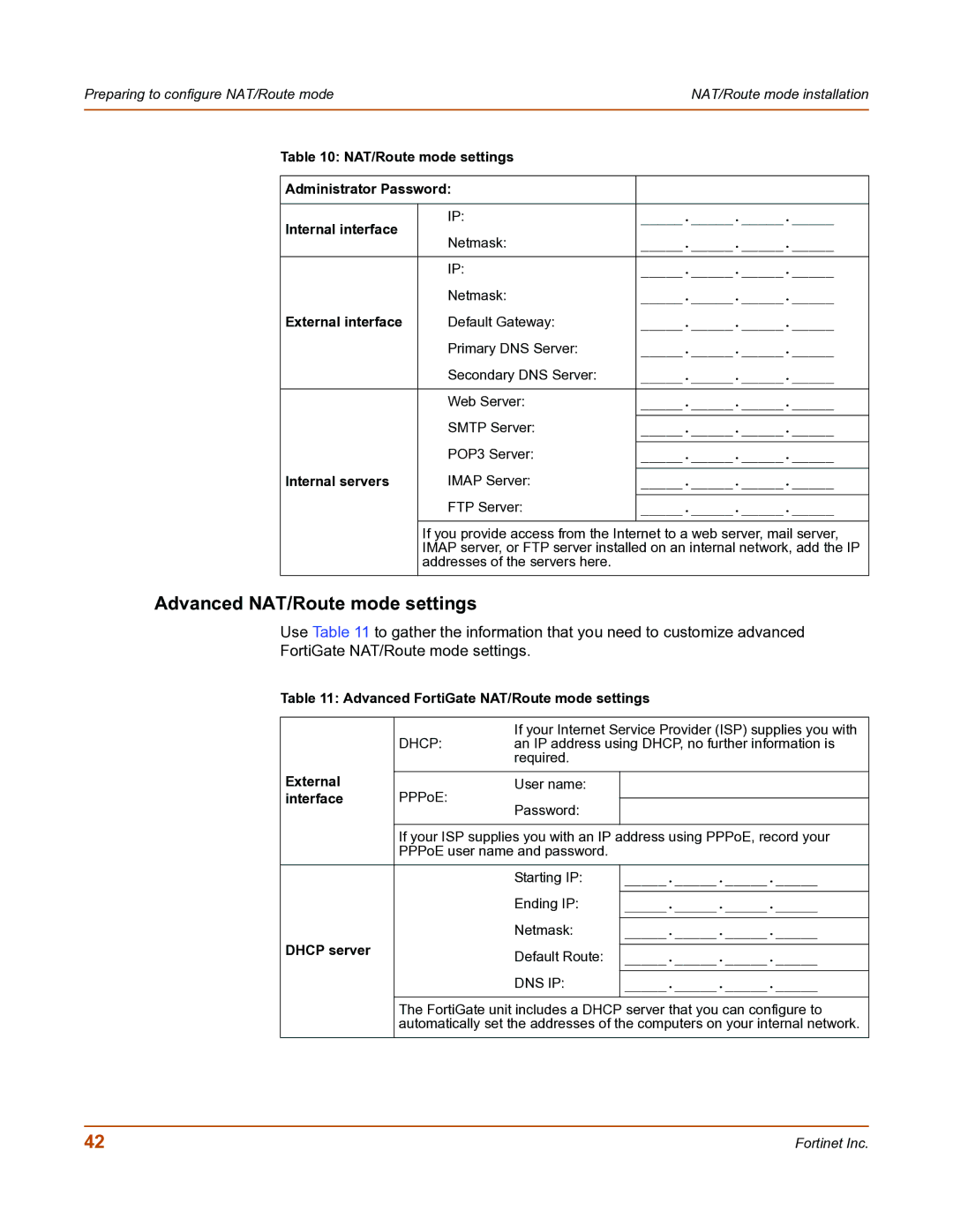 Fortinet FortiGate-800 manual Advanced NAT/Route mode settings, Advanced FortiGate NAT/Route mode settings, Dhcp server 