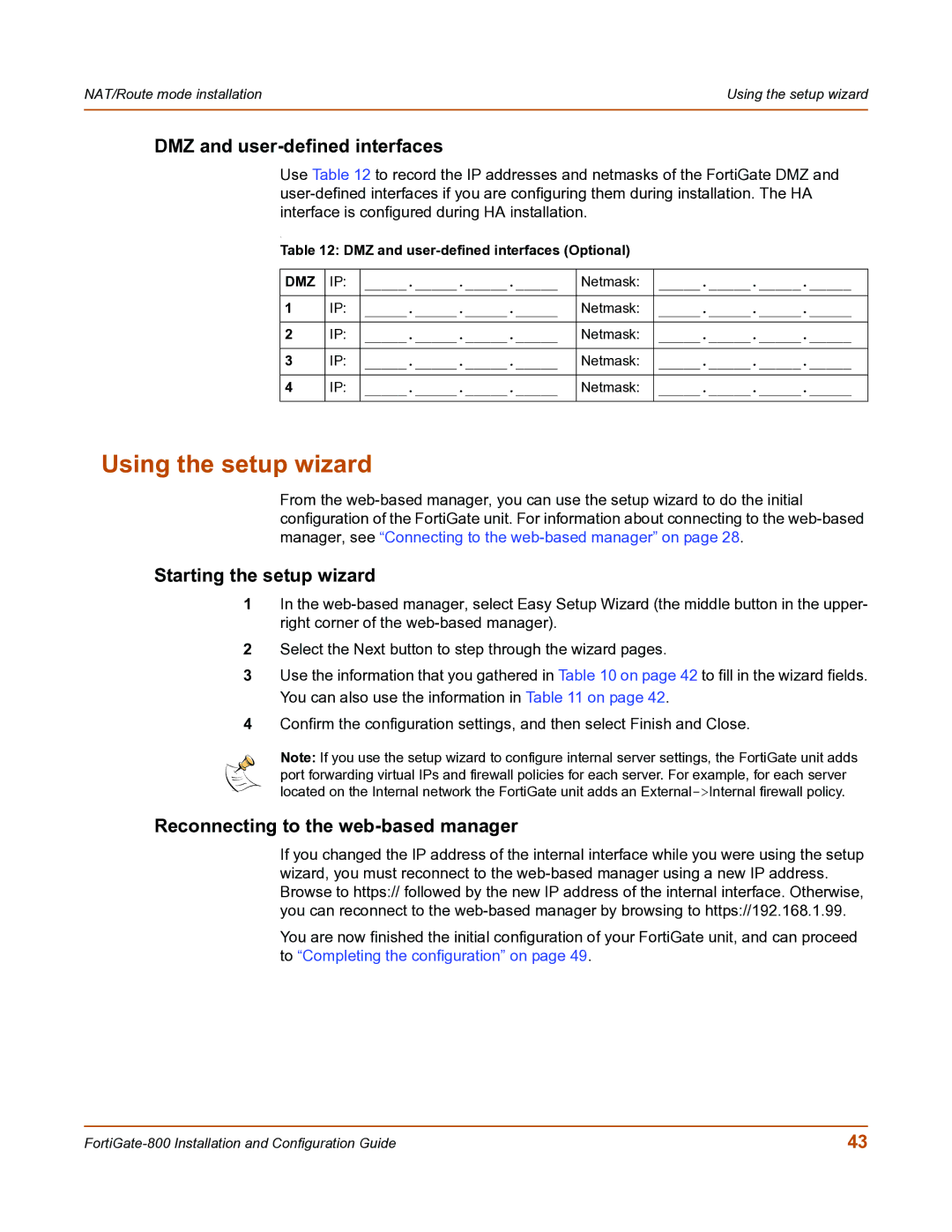 Fortinet FortiGate-800 manual Using the setup wizard, DMZ and user-defined interfaces, Starting the setup wizard 