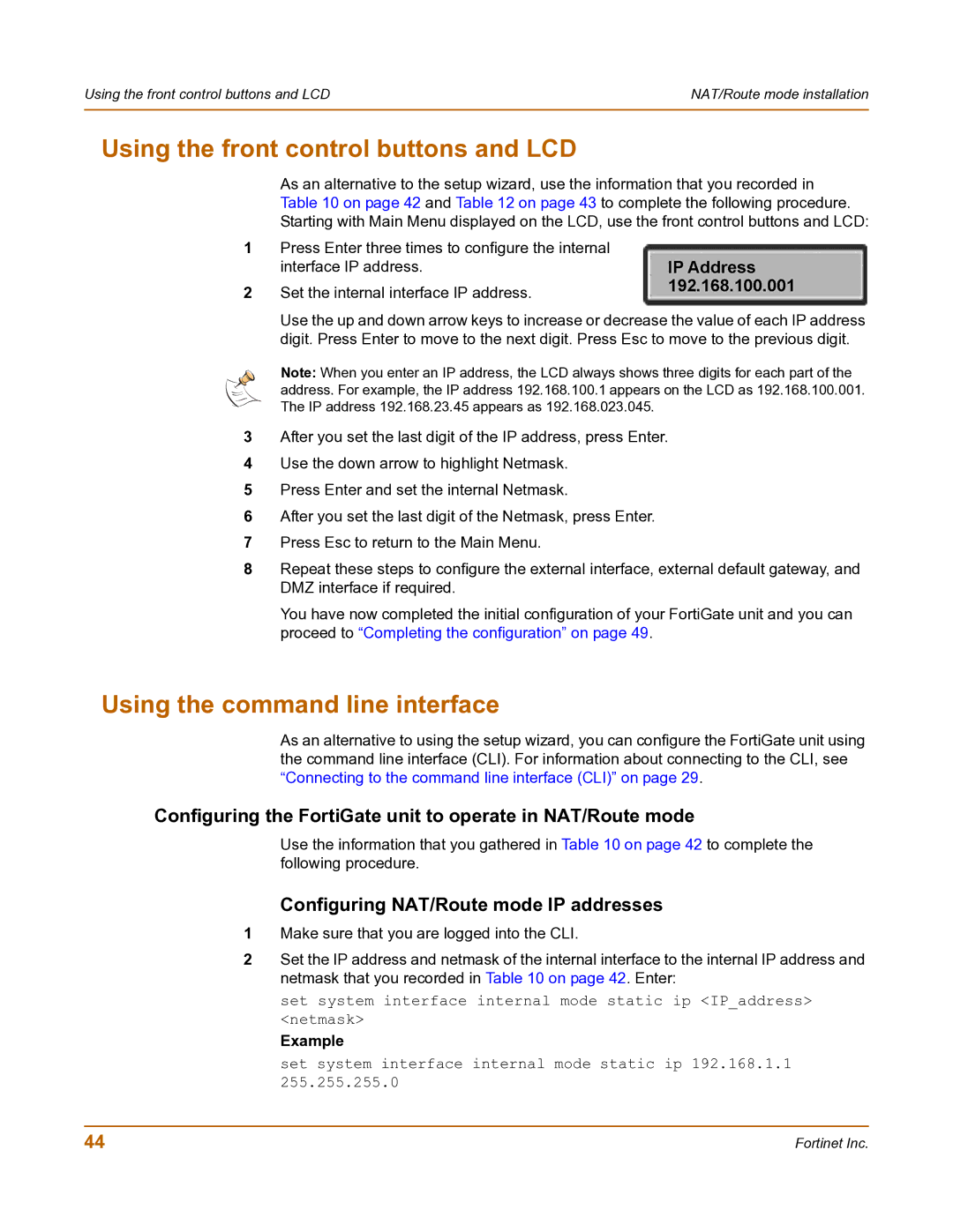 Fortinet FortiGate-800 manual Using the front control buttons and LCD, Using the command line interface, Example 