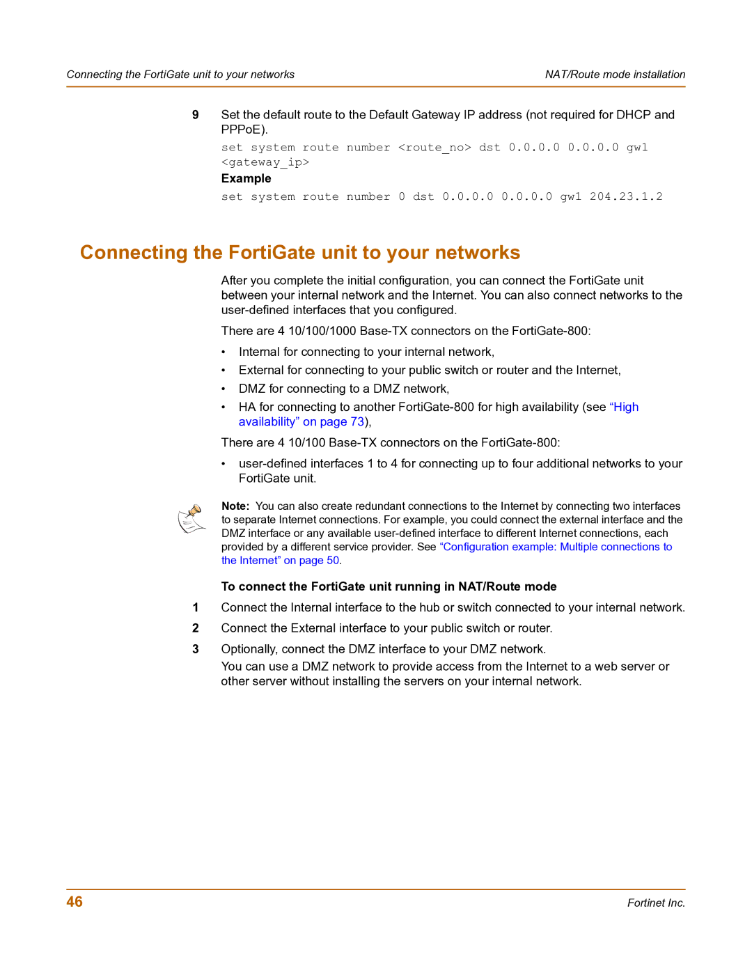 Fortinet FortiGate-800 manual Connecting the FortiGate unit to your networks 