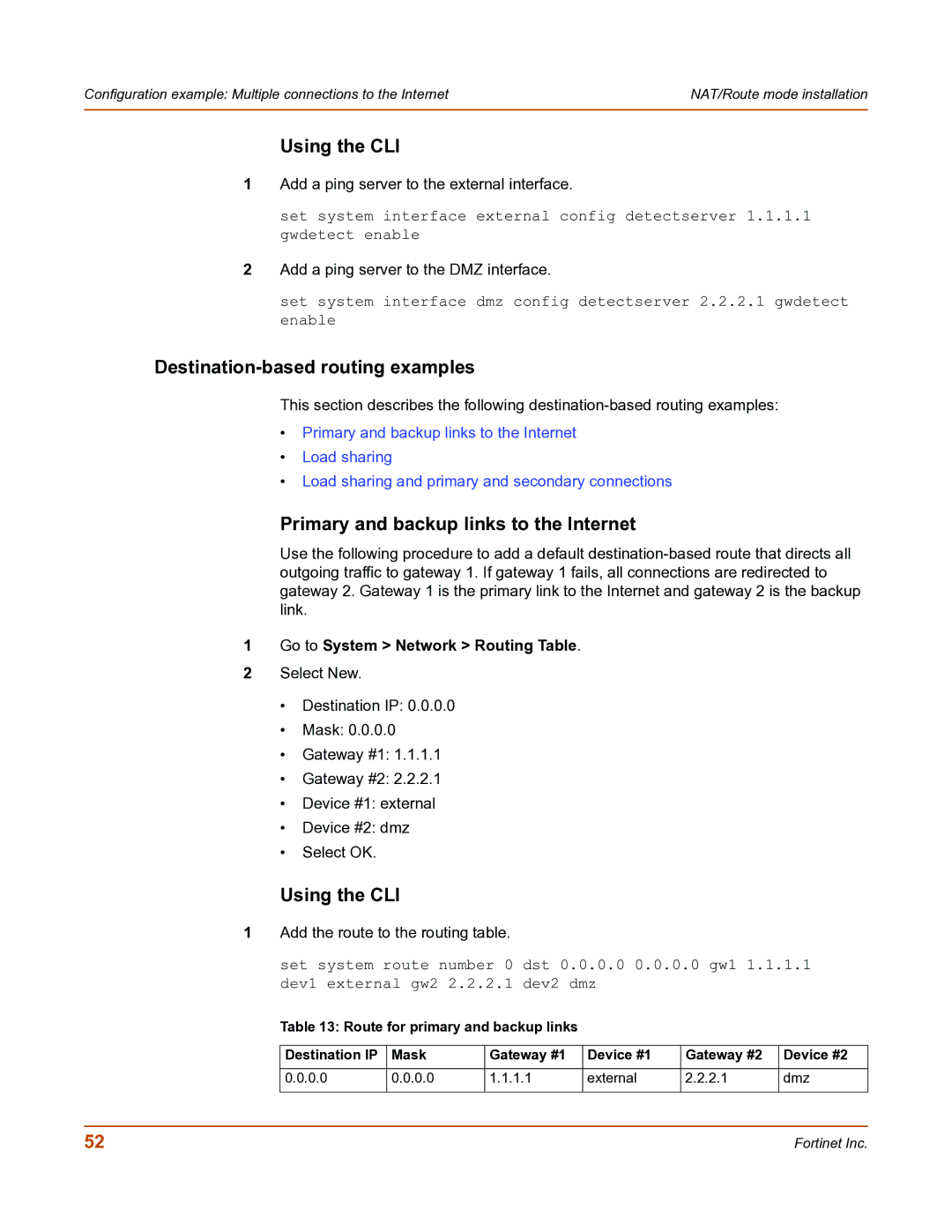 Fortinet FortiGate-800 manual Using the CLI, Destination-based routing examples, Primary and backup links to the Internet 