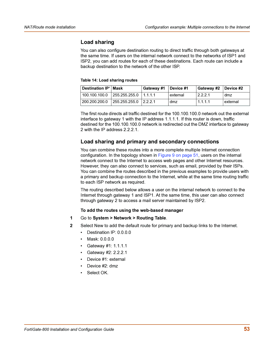 Fortinet FortiGate-800 manual Load sharing and primary and secondary connections 