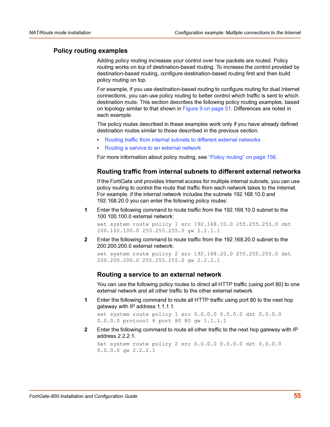 Fortinet FortiGate-800 manual Policy routing examples, Routing a service to an external network 