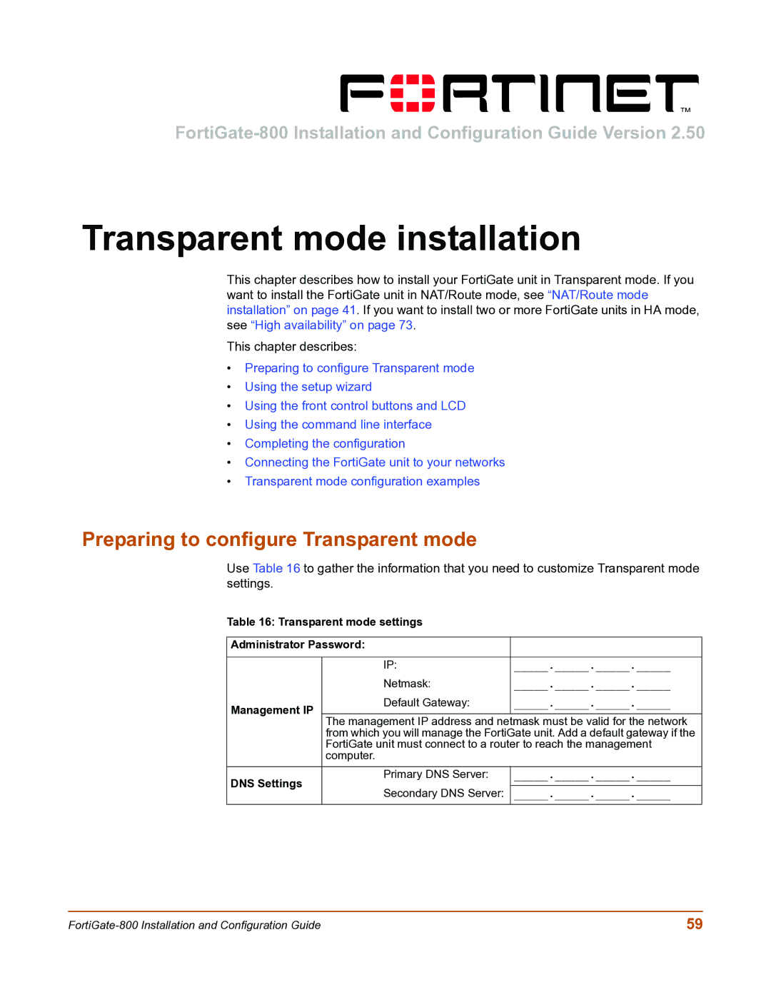 Fortinet FortiGate-800 manual Transparent mode installation, Preparing to configure Transparent mode, DNS Settings 