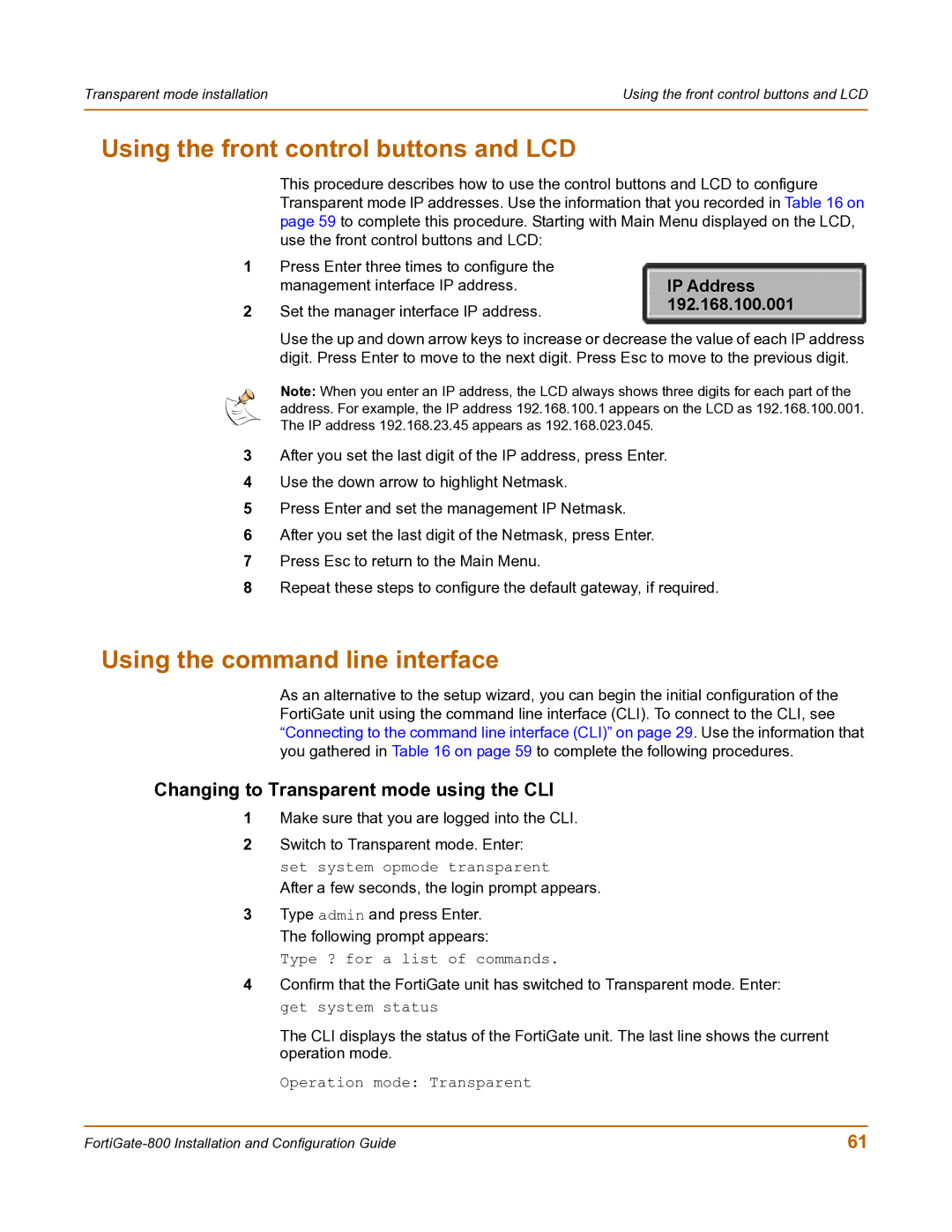 Fortinet FortiGate-800 manual Changing to Transparent mode using the CLI, Operation mode Transparent 