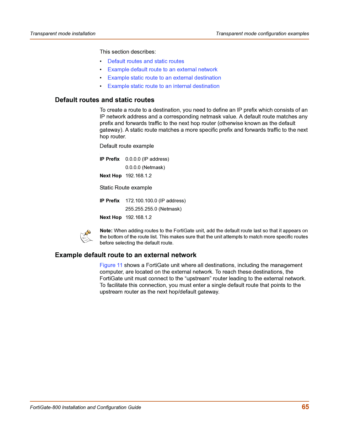 Fortinet FortiGate-800 manual Default routes and static routes, Example default route to an external network 