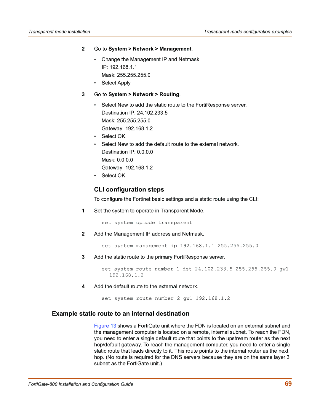 Fortinet FortiGate-800 manual Example static route to an internal destination 