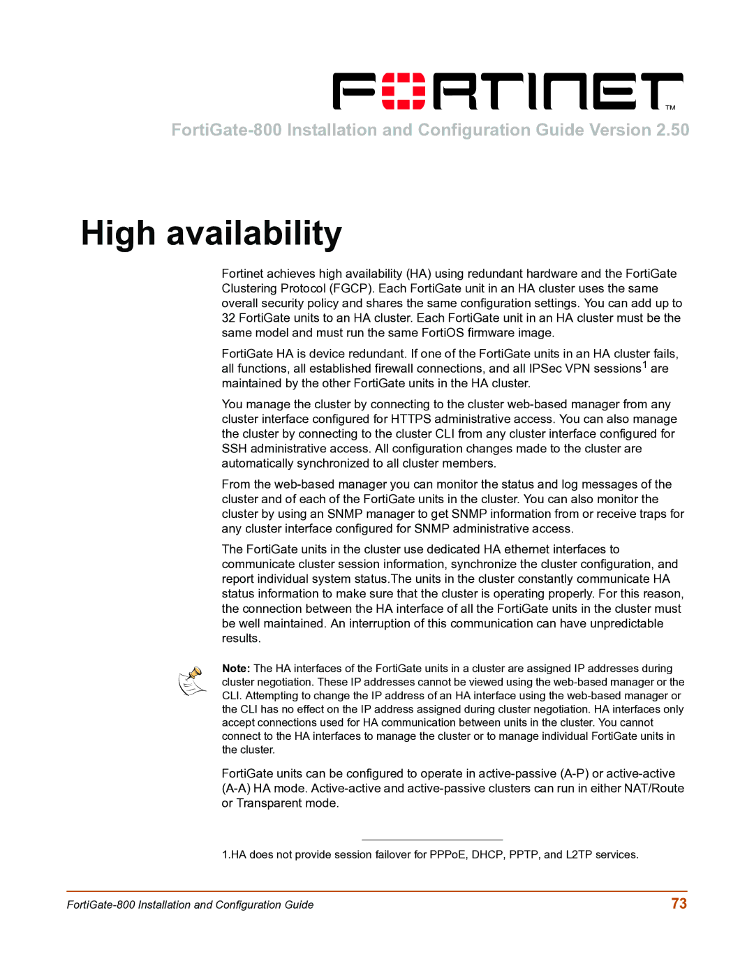 Fortinet FortiGate-800 manual High availability 