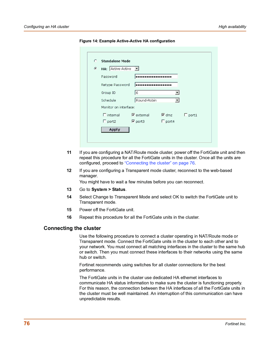 Fortinet FortiGate-800 manual Connecting the cluster, Example Active-Active HA configuration 