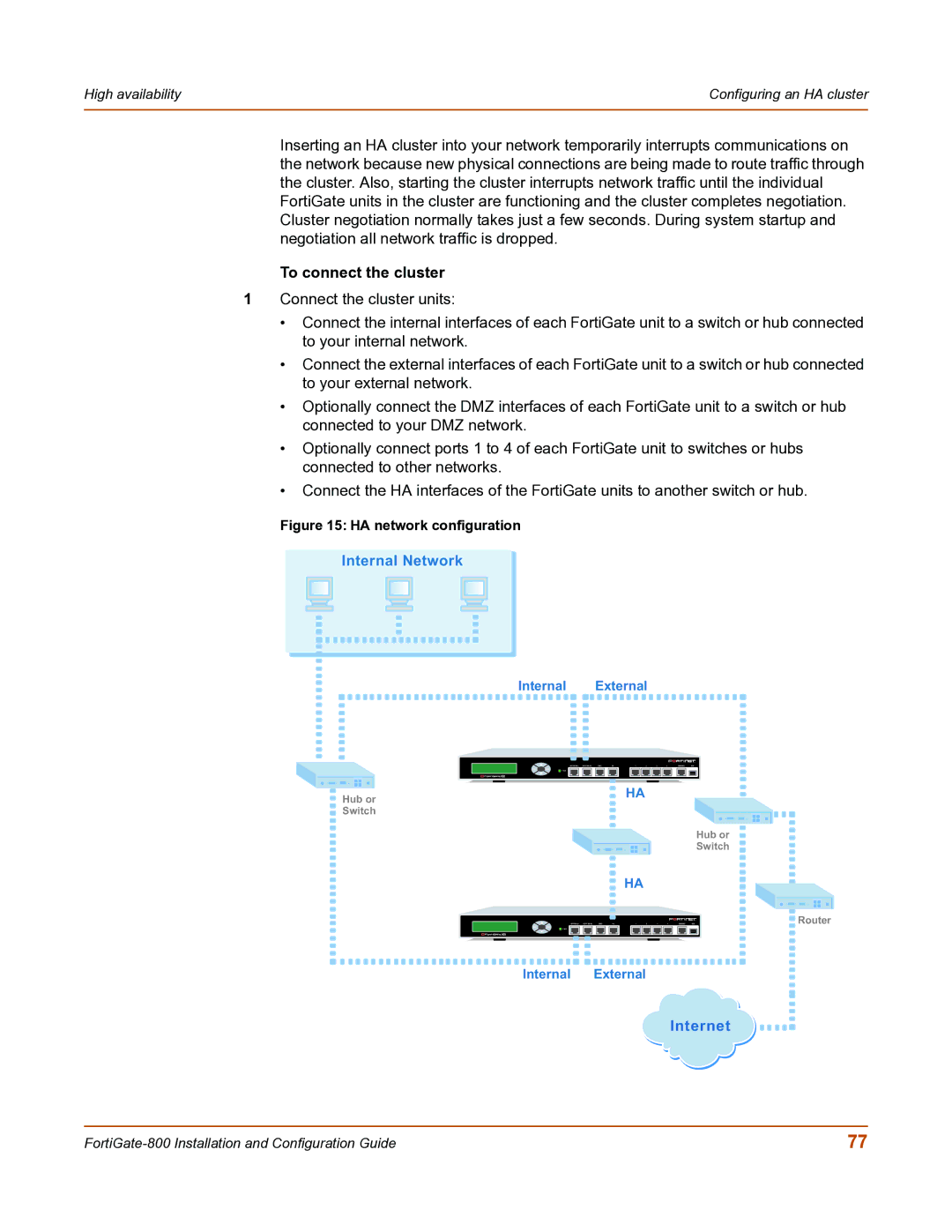 Fortinet FortiGate-800 manual To connect the cluster, HA network configuration 