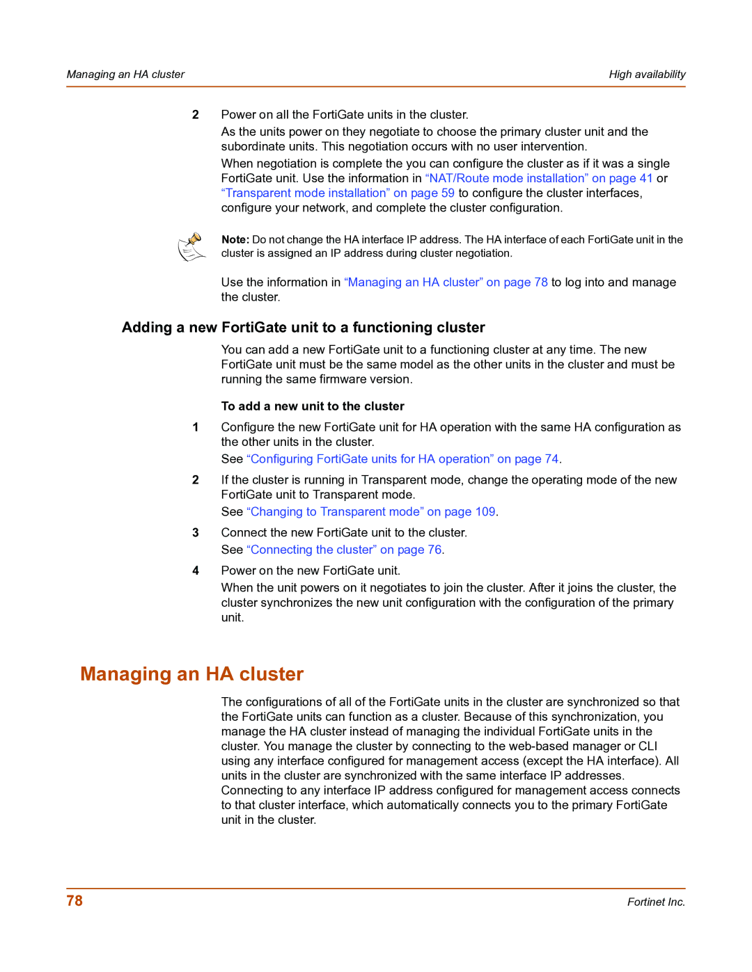 Fortinet FortiGate-800 manual Managing an HA cluster, Adding a new FortiGate unit to a functioning cluster 