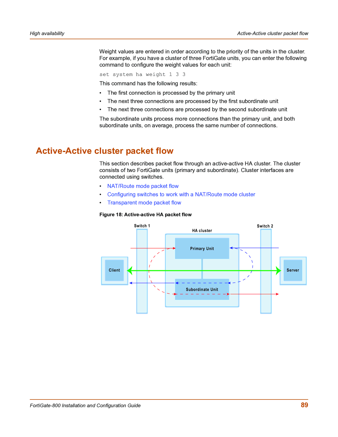 Fortinet FortiGate-800 manual Active-Active cluster packet flow, Active-active HA packet flow 