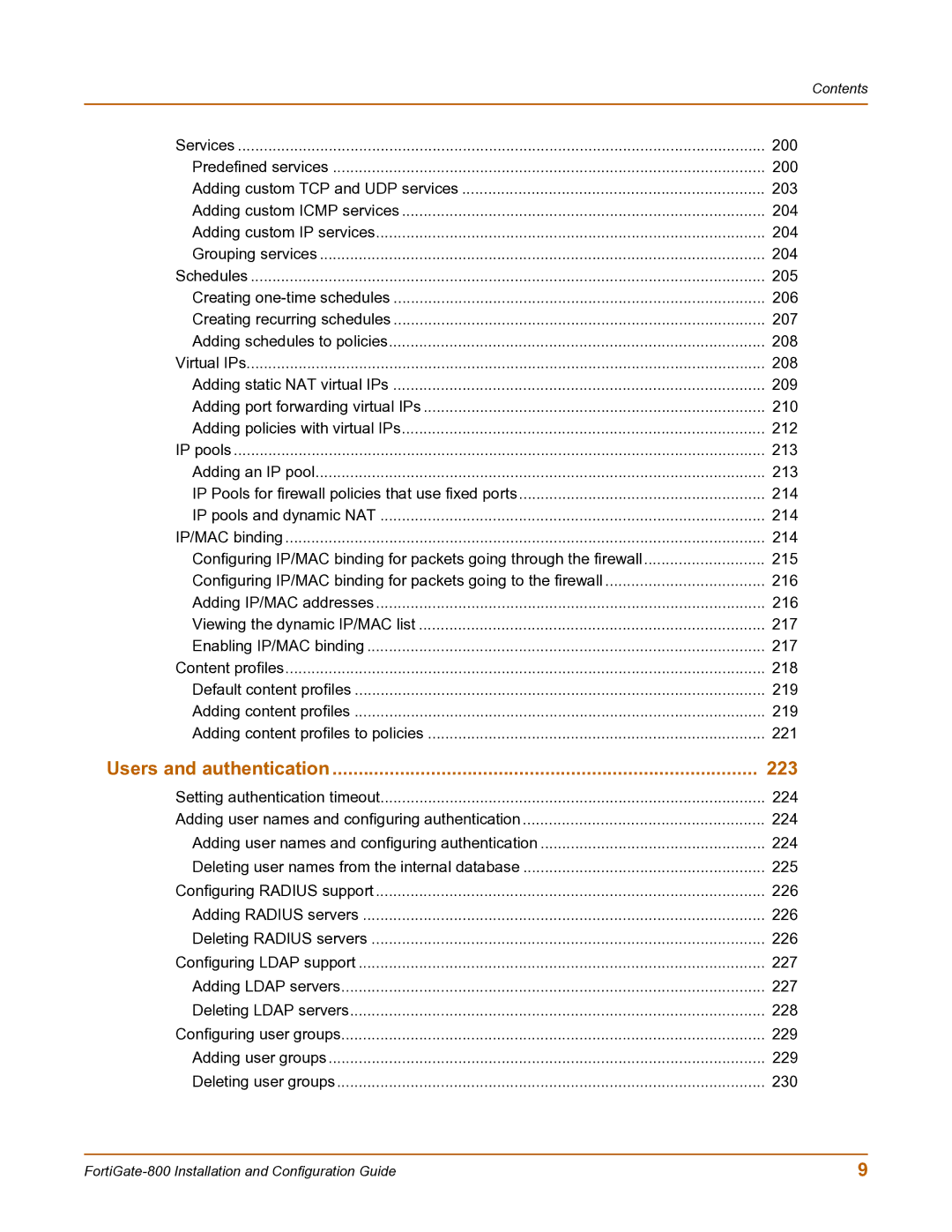 Fortinet FortiGate-800 manual Users and authentication 223 