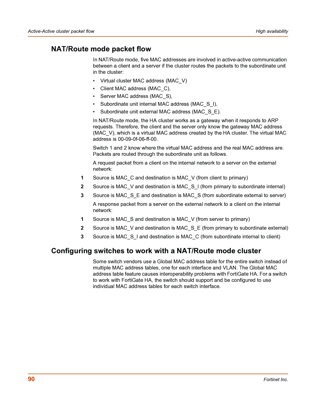 Fortinet FortiGate-800 manual NAT/Route mode packet flow 